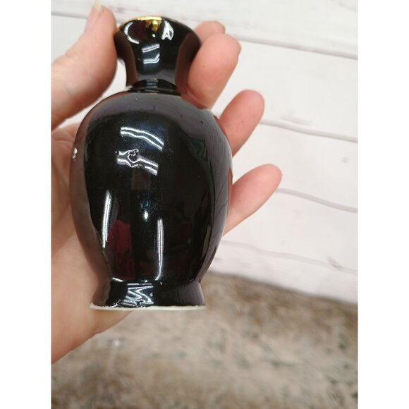 Vintage Hand-Painted Black Ceramic Vase With Gold Rim & Bird‎ Floral Design - Picture 7 of 7
